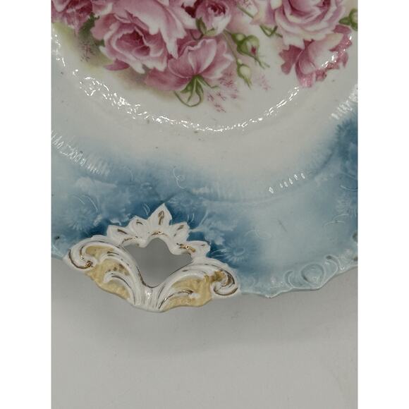 RS Prussia Antique Blue Cake Plate Pink Roses 1910 - Picture 6 of 8